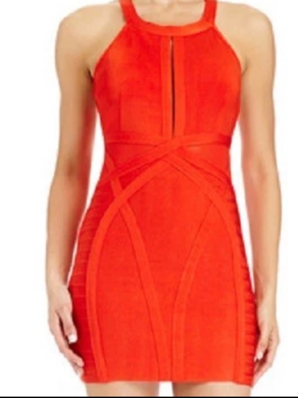 New Bebe 2b Orange red mesh cutout halter bandage dress XL